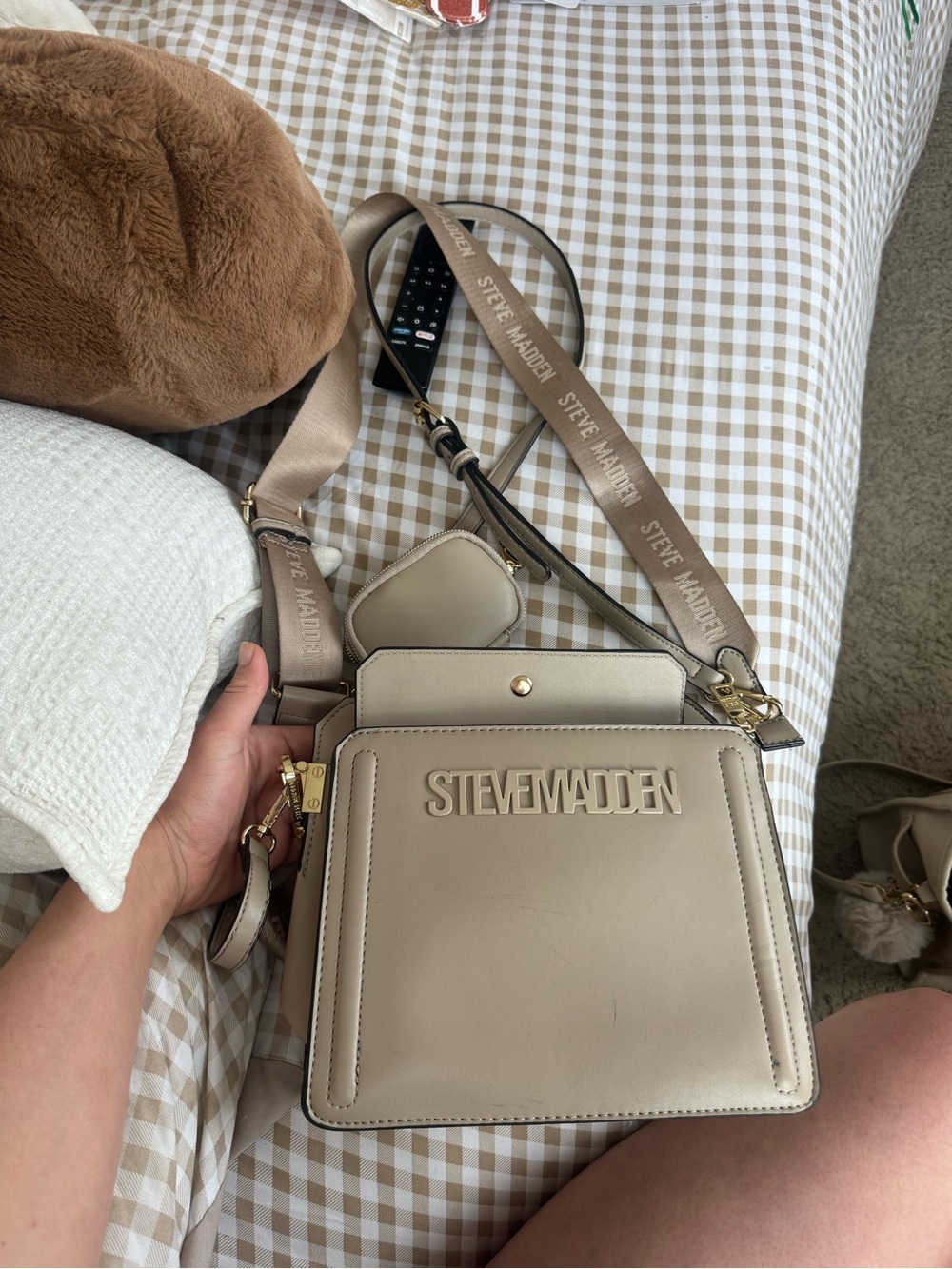 Steve Madden Taupe Crossbody Bag with Branded Webbing Strap